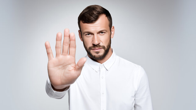 Confident bearded businessman in white shirt showing firm stop palm gesture on light background. Personal boundary, refusal, assertiveness and denial professional concept with copyspace.