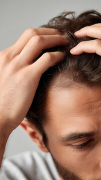 Young man examining thinning receding hairline near forehead with both hands on scalp. Alopecia early stage symptom, male pattern baldness, trichology diagnosis and treatment concept.