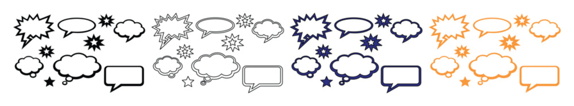 Versatile Speech Bubble Vector Set, diverse comic chat boxes, thought balloons, and starburst elements, ideal for communication, social media, and graphic design projects