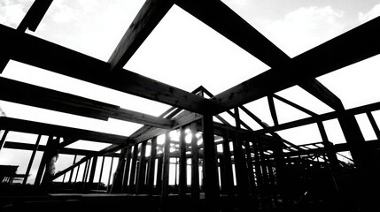 Fototapeta premium Partially completed wooden framework of beams and joists against a bright sky