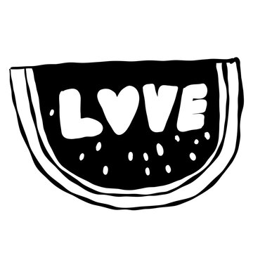 watermelon slice with white pips and love lettering, Inverted black watermelon half