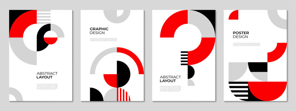 Modern business posters with red and gray modern geometric layout. Vector banners with circles, arcs, stripes and bold color blocks in red, black, gray and white layouts for corporate presentations