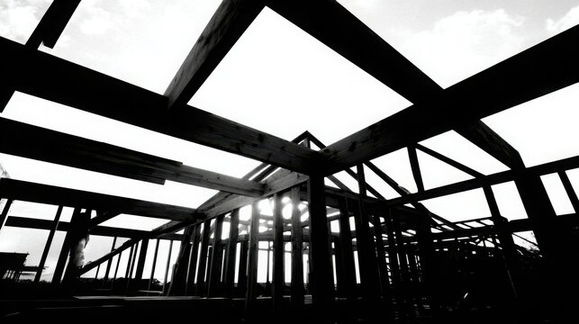 Partially completed wooden framework of beams and joists against a bright sky
