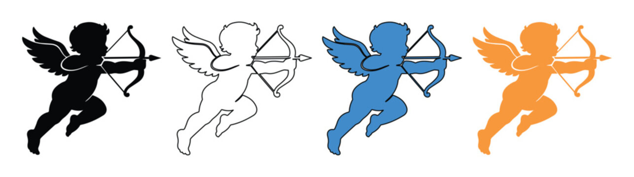 Cupid vector icon set, four variations of a flying cherub with bow and arrow, romantic love symbol for Valentine's Day, wedding invitations, and greeting cards