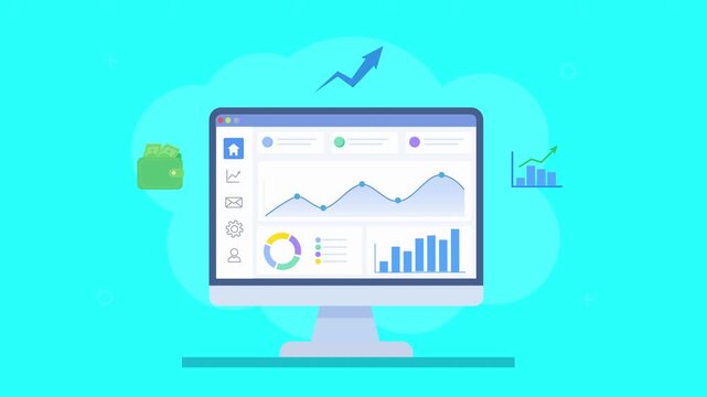 Flat vector animation of a desktop computer displaying an analytics dashboard with charts, graphs, and data insights. Modern concept of business performance tracking and digital growth.