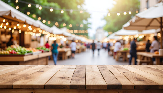Empty wooden table with bokeh lights at outdoor farmers market.