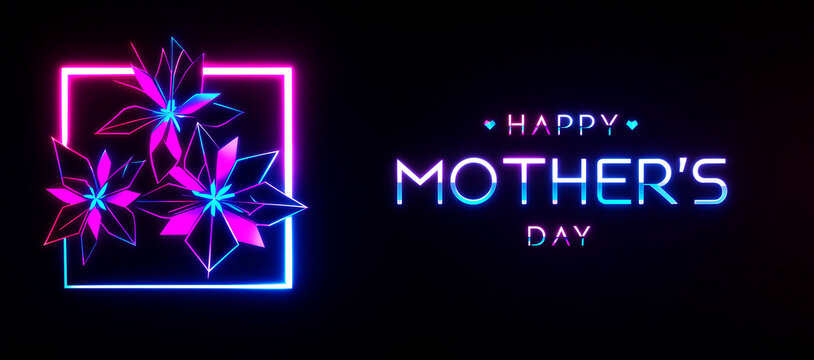 Colorful neon glowing flowers in geometric frame with happy mothers day greeting card design