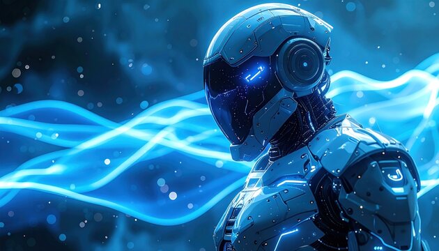 Futuristic Robot with Glowing Blue Energy Waves.