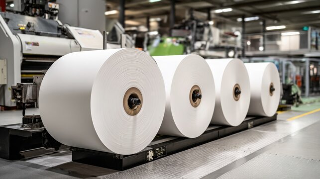 Large white paper rolls ready for feeding into an industrial digital printing line