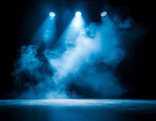 Obraz premium Blue stage spotlights with dramatic fog and empty floor.