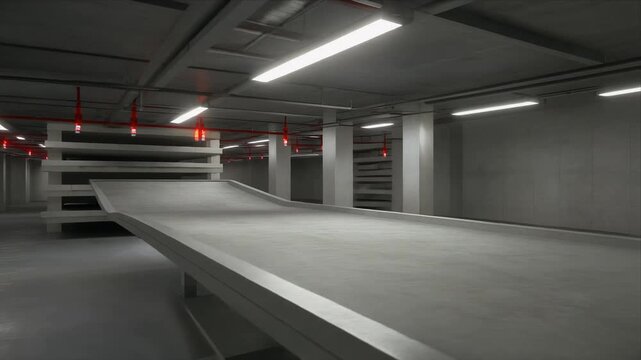 Empty industrial basement with long concrete tables and shelves.