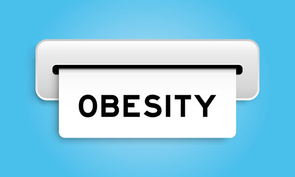 White coupon banner with word obesity from machine on blue color background
