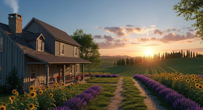 Idyllic Countryside Farmhouse at Sunset with Lavender and Sunflower Fields