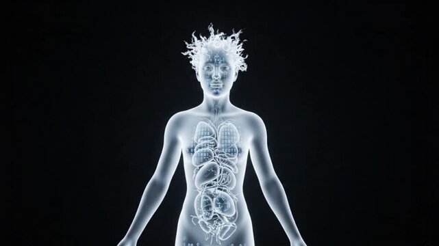 Bioinformatics concept depicted by an abstract glowing interior human silhouette with DNA code helix and copy space
