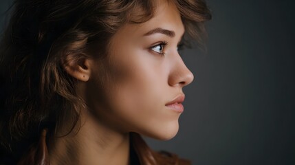 Naklejka premium A thoughtful side profile portrait of a young woman gazing into the distance against a dark minimalist backdrop