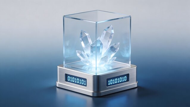 Crystal cluster in glass box with binary code