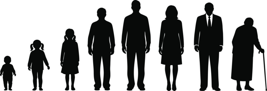 Family silhouette generations standing together in black and white