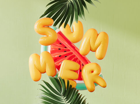 Summer concept with inflatable watermelon and yellow summer text on mint green background. 3D Rendering, 3D Illustration