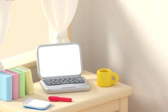 ノートパソコンとマグカップのあるシンプルなデスクの3Dイラスト 作業風景のクローズアップ
