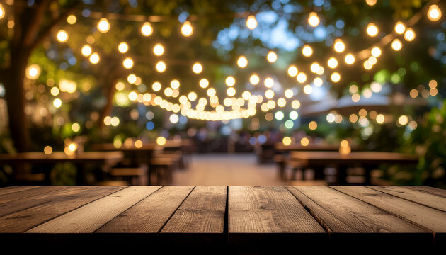 Empty wooden table in garden cafe with warm bokeh string lights.