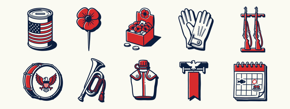 Patriotic military icons for Veterans Day and Memorial Day remembrance