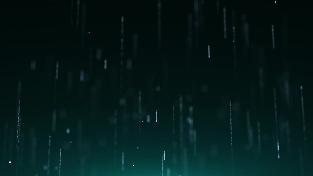 Vertical glowing lines falling in dark teal space, abstract digital rain with soft particles, futuristic technology background, depth and smooth motion effect.