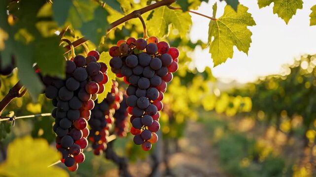 Ripe red grapes hanging on a vine in a sunny vineyard during the autumn harvest season.