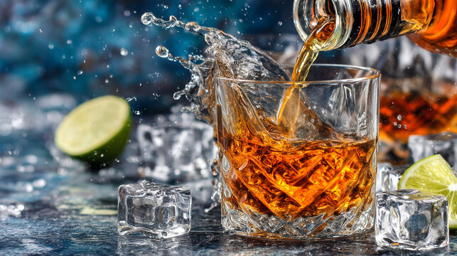 Pouring amber liquid into a glass with ice lime splash effect refreshing cocktail beverage