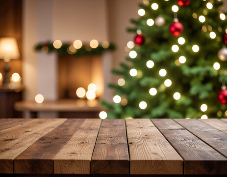 Rustic wooden table with blurred Christmas tree lights.