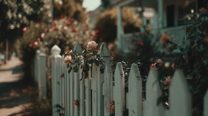 Obraz premium A charming white picket fence adorned with delicate roses in a serene garden setting