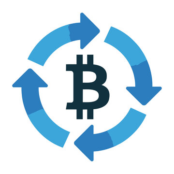 Vector graphic of a bitcoin symbol surrounded by a circular arrow cycle, representing cryptocurrency exchange and rotation.