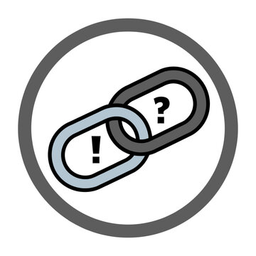 Vector graphic of two linked chains with a question mark and exclamation point in a circular warning symbol