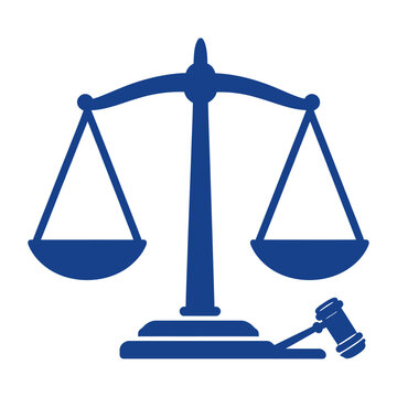 Vector graphic of a scale and gavel representing justice and law in a simple, modern design.
