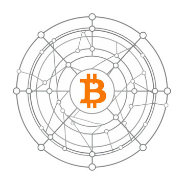 Vector of a bitcoin symbol surrounded by a complex network of interconnected lines and nodes.