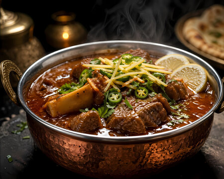 Authentic beef nihari garnished with ginger, green chilies and lemon in copper bowl