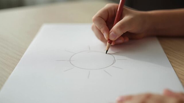 Child's hand holding a pencil, drawing a simple sun on white paper, focusing on creative activity