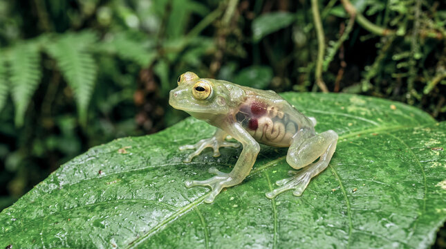 Glass frog on green leaf with transparent skin