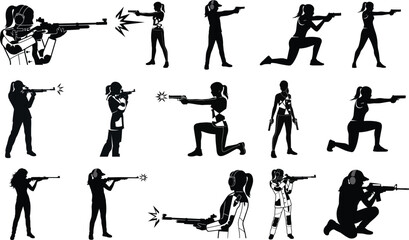 Girls practice shooting guns silhouette vector set  © EMON
