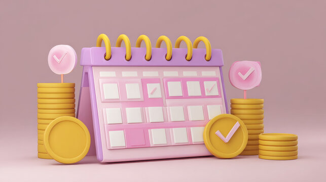 3D Calendar with monthly or daily payment date. Pay day reminder. Subscribe to membership. Calendar with money coin and check mark. Cartoon creative design icon isolated on background. 3D Rendering