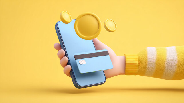 3D Hand holding phone with credit card and coin. Online payment concept. Smartphone with wallet banking app. Transfer and saving money concept. Contactless payments. Creative design. 3D Rendering