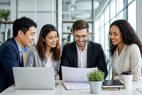 Diverse office team working together at modern desk, focused on project discussion, people looking at documents and talking, hands mostly out of frame, bright natural light, clean workspace