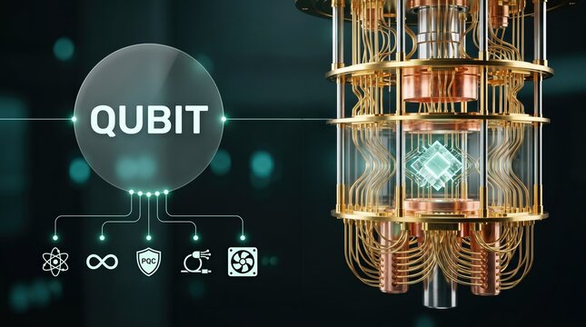 A quantum processor core and holographic interface glowing in dark lab showing quantum computing data flow technology
