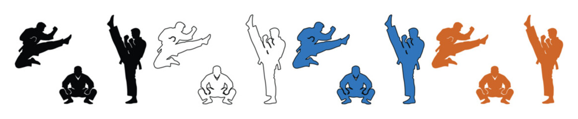 Dynamic martial arts vector set, karate and taekwondo fighters in various action poses, black, blue, and orange silhouettes, outline illustrations for sports and fitness design. © Haseeb's Work
