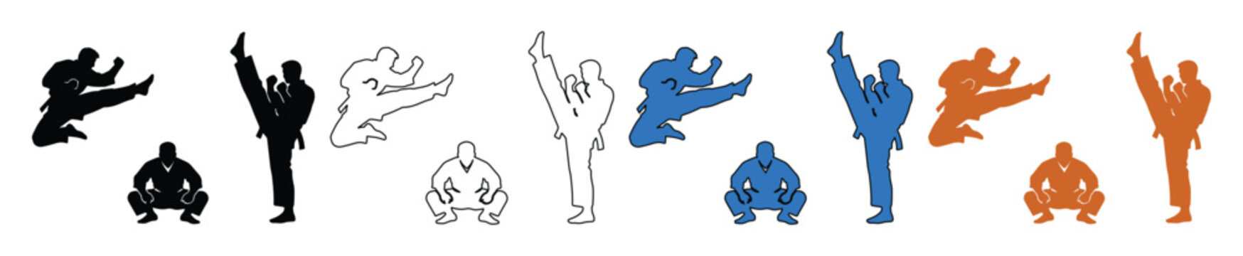 Dynamic martial arts vector set, karate and taekwondo fighters in various action poses, black, blue, and orange silhouettes, outline illustrations for sports and fitness design.