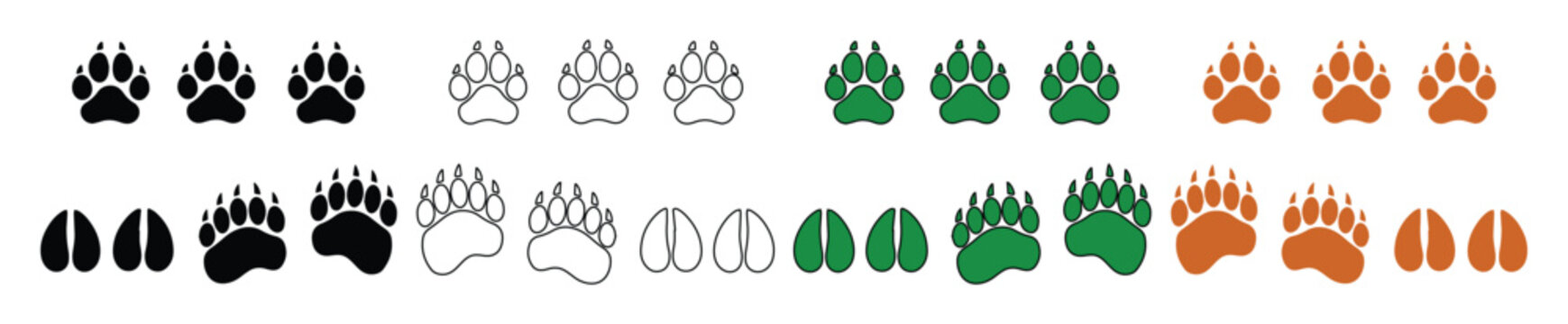 Animal Paw Prints and Hoof Tracks Vector Set. Black, Outline, Green, and Brown Wildlife Footprints, Bear Paws, and Deer Hooves for Nature and Outdoor Designs