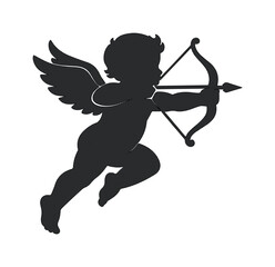 Fototapeta premium Flying Cupid silhouette, a romantic cherub archer with bow and arrow, black vector graphic for Valentine's Day and love-themed designs