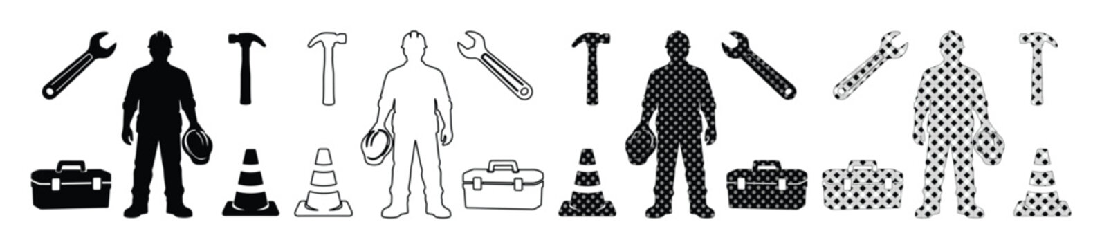 Construction Worker and Tool Icon Set, essential black and white vector graphics for building, repair, and maintenance projects. Professional silhouette and outline illustrations for industrial