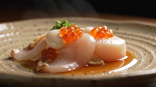 Fresh scallop sashimi topped with salmon roe served as a gourmet appetizer in a fine dining restaurant.