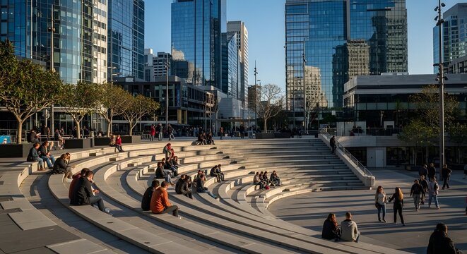 People relax on the steps of a modern urban amphitheater surrounded by tall city buildings