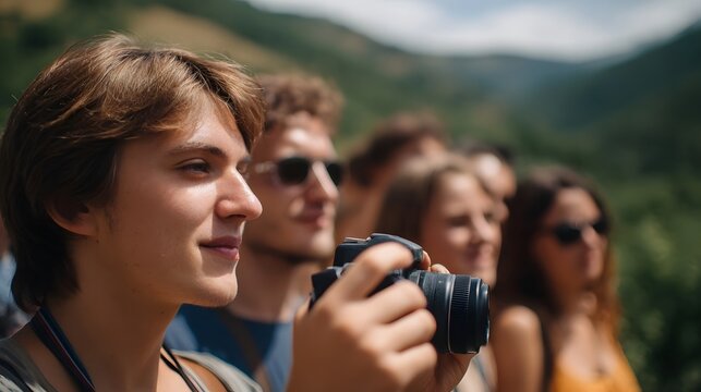 A group of young friends enjoying an adventurous day while exploring scenic mountain landscapes